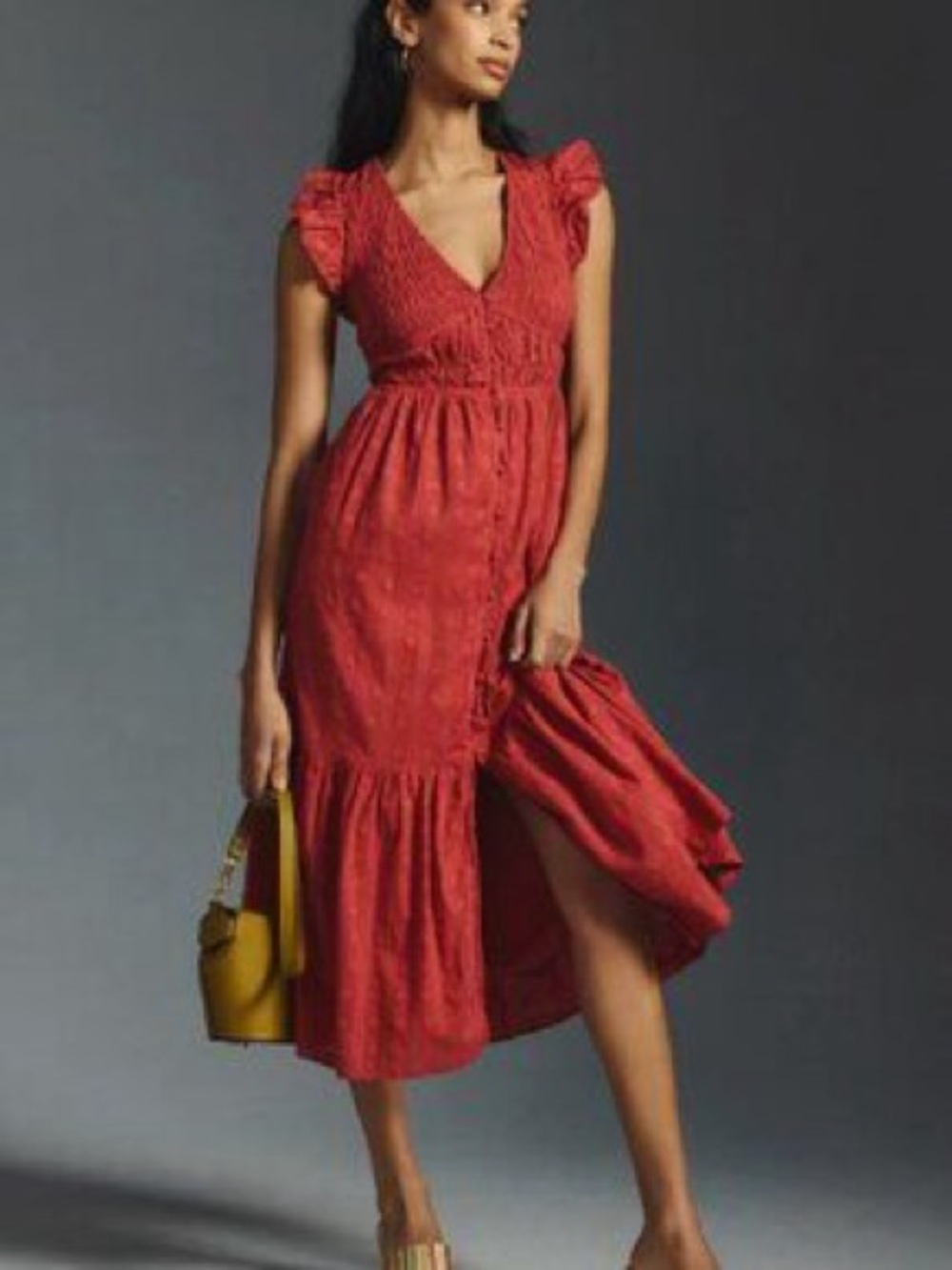 Anthropologie Red V-Neck Midi Dress with Ruffle Sleeves